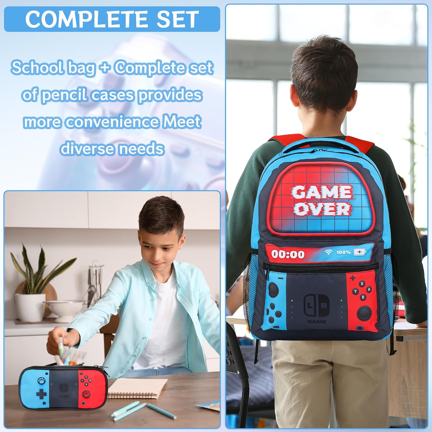 Gaming School Backpack for Boys - 16 Inch Gamer School Backpack With Pencil Case for Kids Children Elementary Middle School, Large Capacity Video Game Schoolbag for Kids School Stationery Supplies