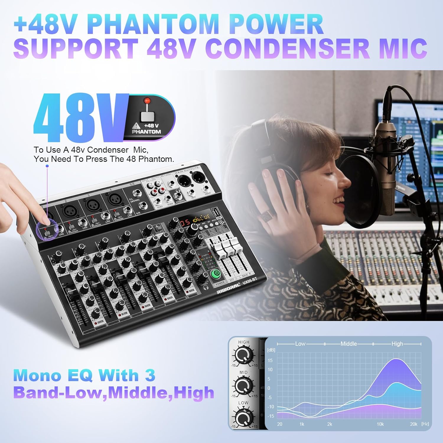 6 Channel Audio Interface Sound Board Mixing Console 16-Bit DSP DJ Mixer Audio Reverb Effect +48V Phantom Bluetooth Studio Audio Mixer For Karaoke Studio Streaming Recording