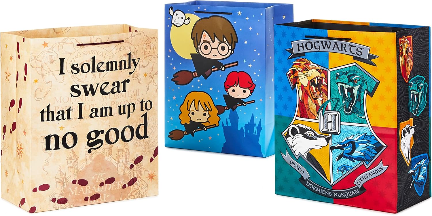 Hallmark 13" Large Harry Potter Gift Bag Bundle (3 Bags: Hogwarts Crest, Marauder's Map, Harry, Ron & Hermione) for Birthdays, Kids Parties, Christmas