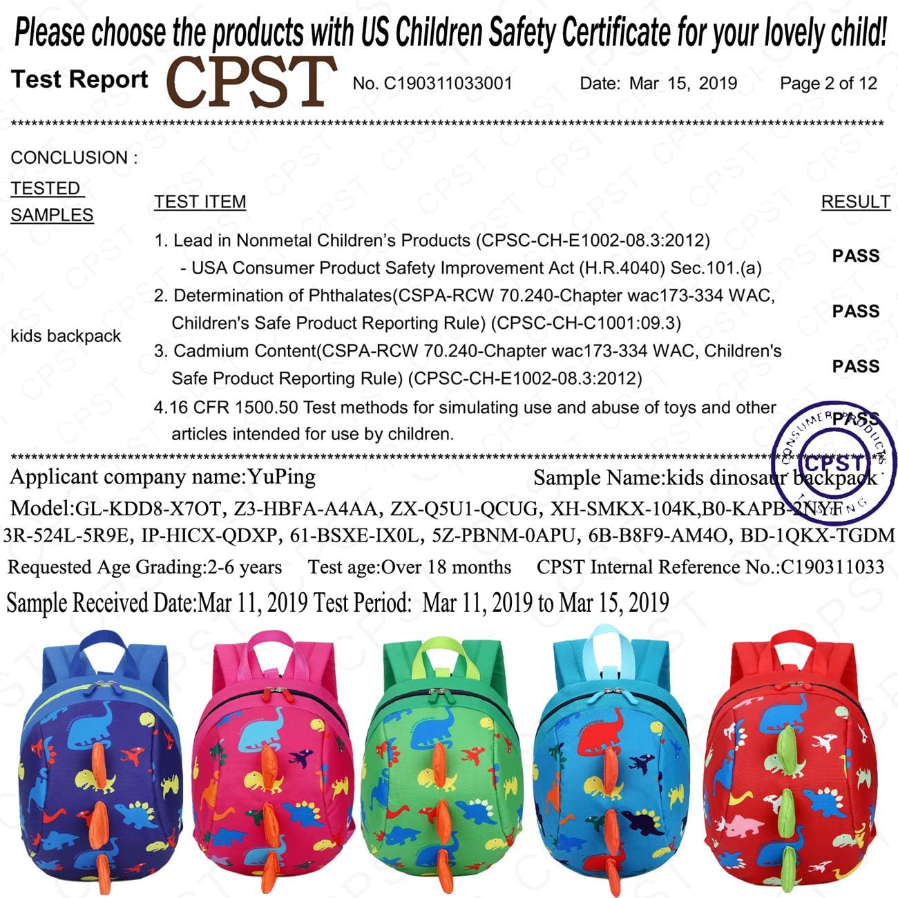 YUPING Toddler kids Dinosaur Backpack Book Bags with Safety Leash for Boys Girls