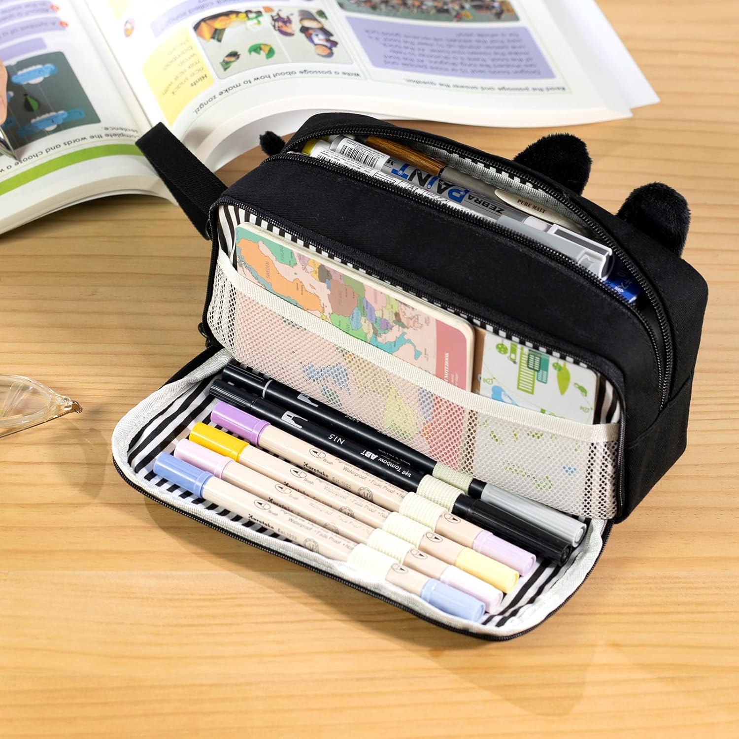 CICIMELON Cartoon Pencil Case, Large Capacity Pen Pouch with Embroidered Animal Design, School Supplies Bag for Kids, Teens, Students (Black Cat)