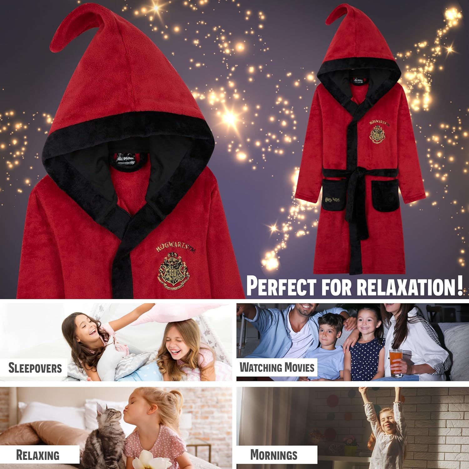 Harry Potter Kids Fleece Robe with Hood and Pockets, Cozy Tie Waist House Robes, Soft Lounge Bathrobe, Gifts for Girls Boys