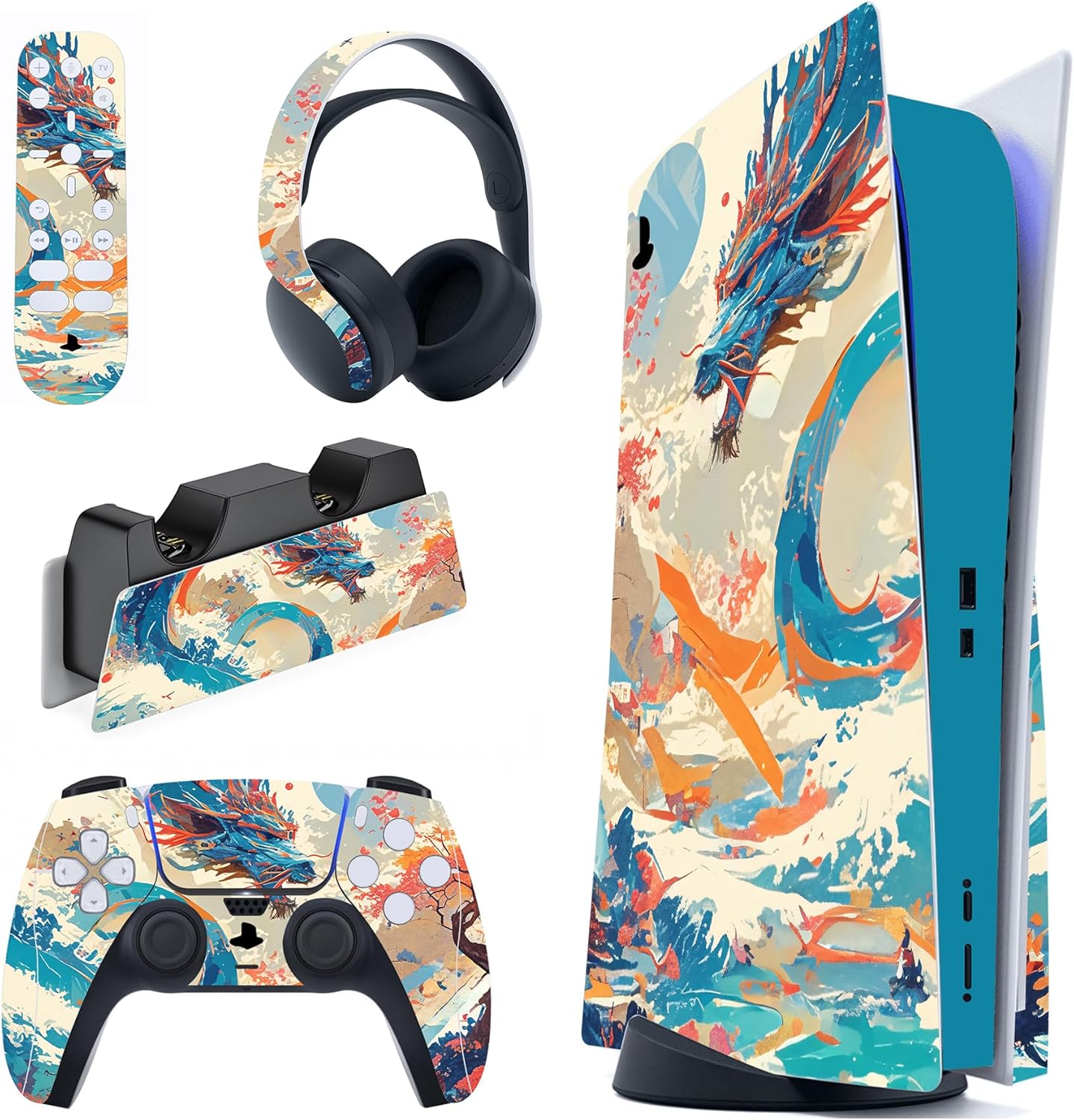 PlayVital Full Set Skin Decal for ps5 Console Disc Edition, Vinyl Sticker Decal Cover for ps5 Controller & Charging Station & Headset & Media Remote - Dragon's Elysium