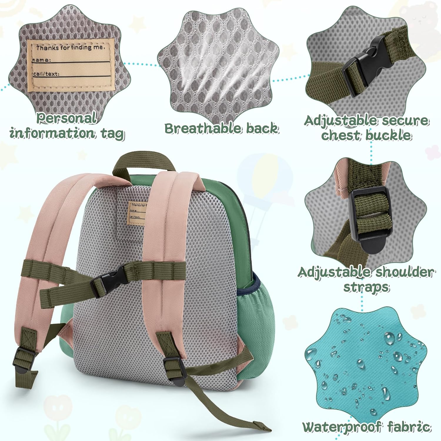 Toddler Backpack for Boys & Girls 1-3 Years, 10.5 Inch Lightweight Kids Bookbag, Waterproof Preschool Backpack for Kindergarten, Daycare, Travel, Durable Small Child School Bag, Green Grey