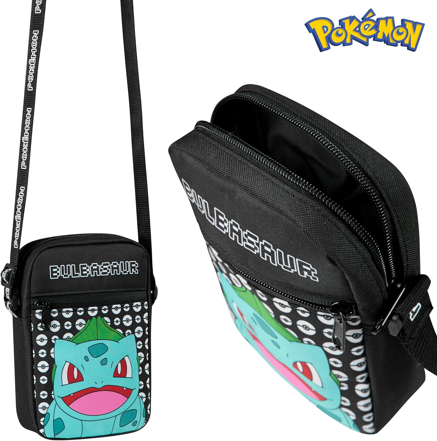 Pokemon Shoulder Bag Cross Body Bag for Kids - Adjustable Strap Kids Pikachu Small Travel Bag - Gamer Gifts (Black Bulbasaur)