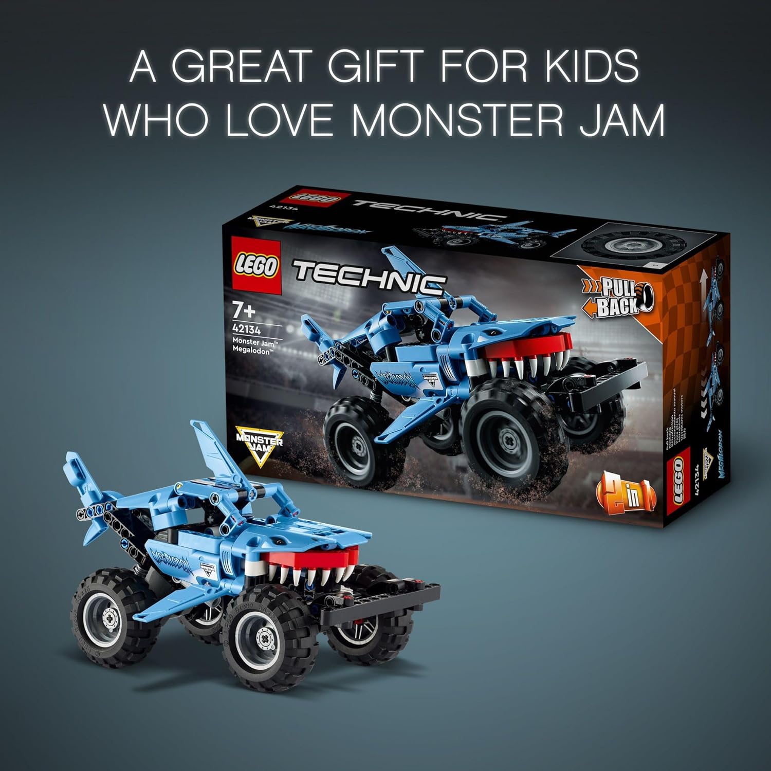 LEGO Technic Monster Jam Megalodon Building Set, 2 in 1 Pull Back Shark Truck to Lusca Low Racer Car Toy, DIY Building Toy Ideas for Outdoor Play for Kids, Boys, and Girls Ages 7 and Up, 42134