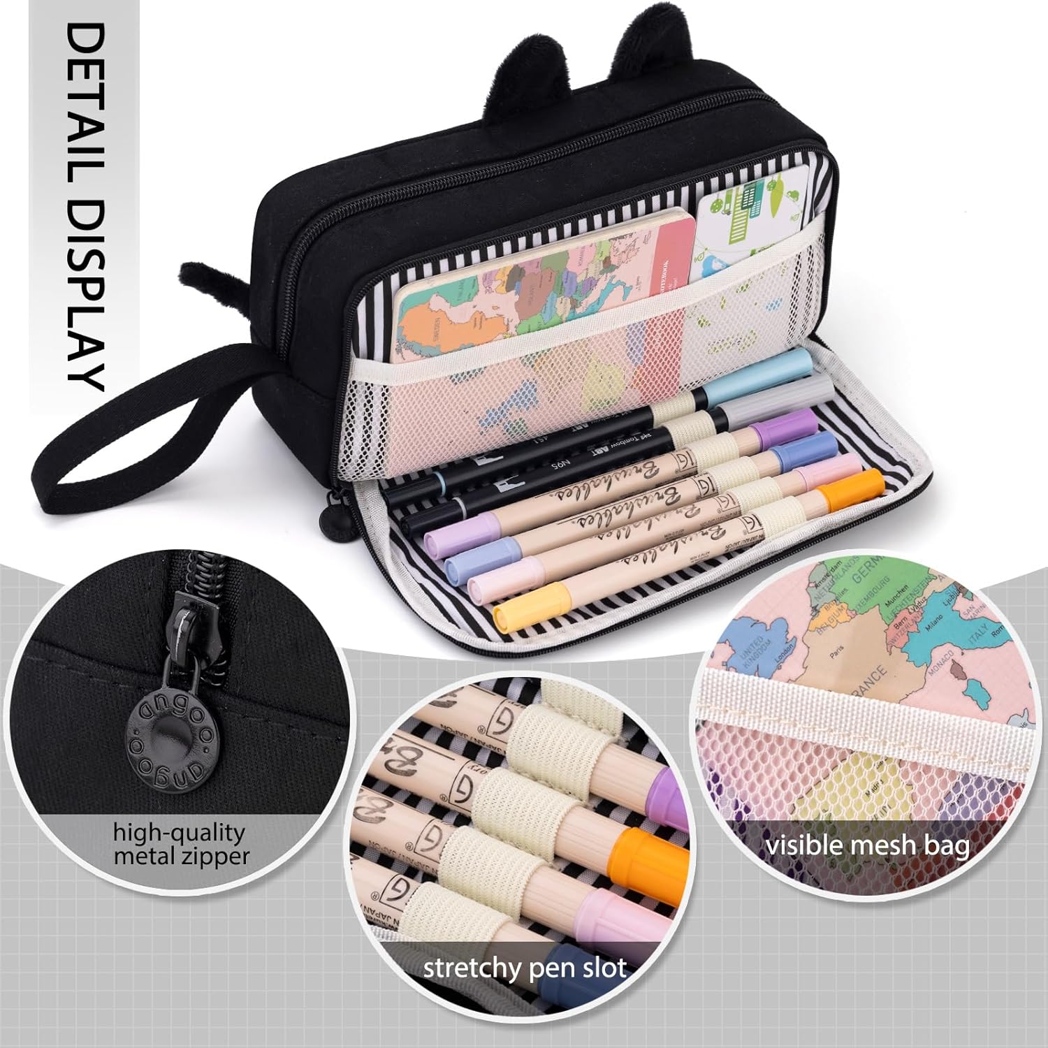 CICIMELON Cartoon Pencil Case, Large Capacity Pen Pouch with Embroidered Animal Design, School Supplies Bag for Kids, Teens, Students (Black Cat)