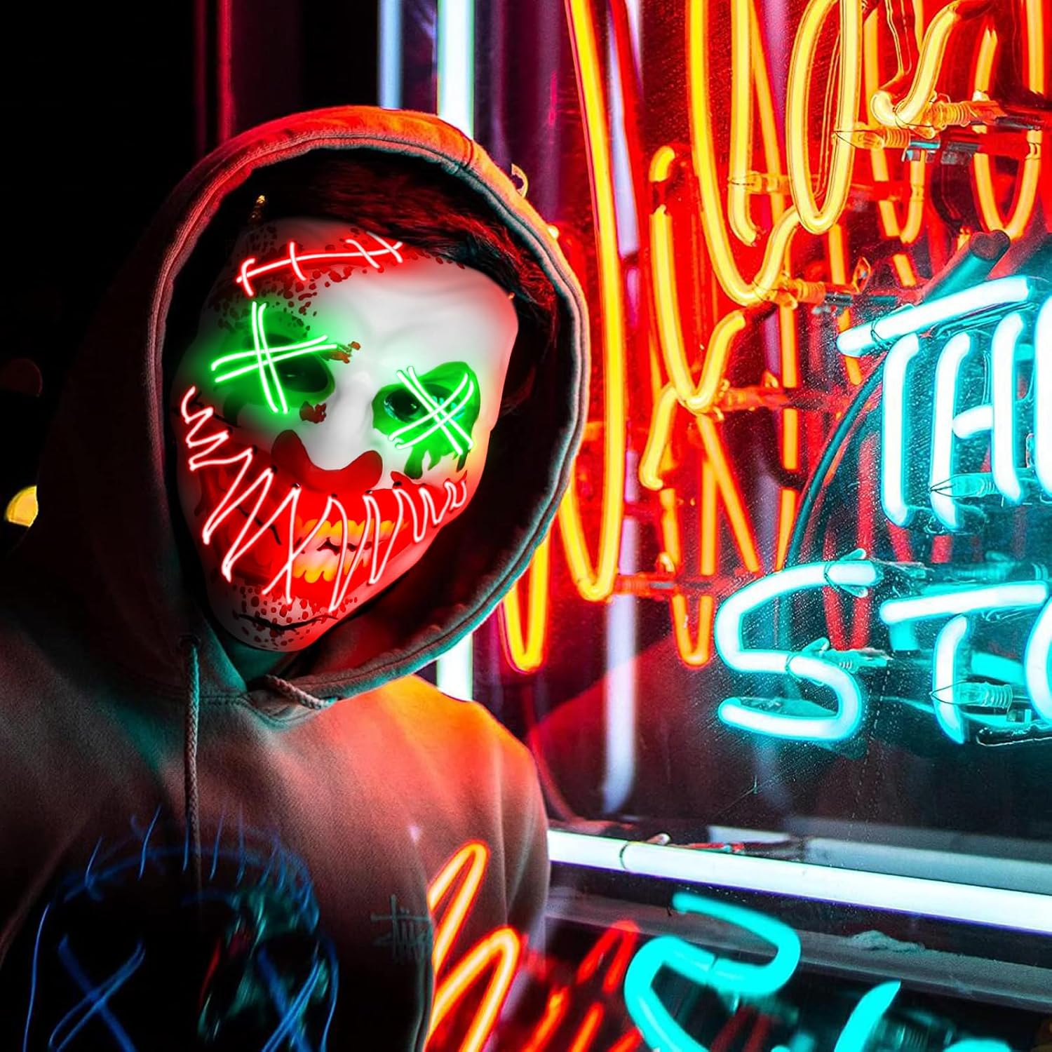 Halloween LED Clown Mask for Aldult & Kids，EL Wire Scary Purge Mask for Cosplay Costume,Light up for Festival Party