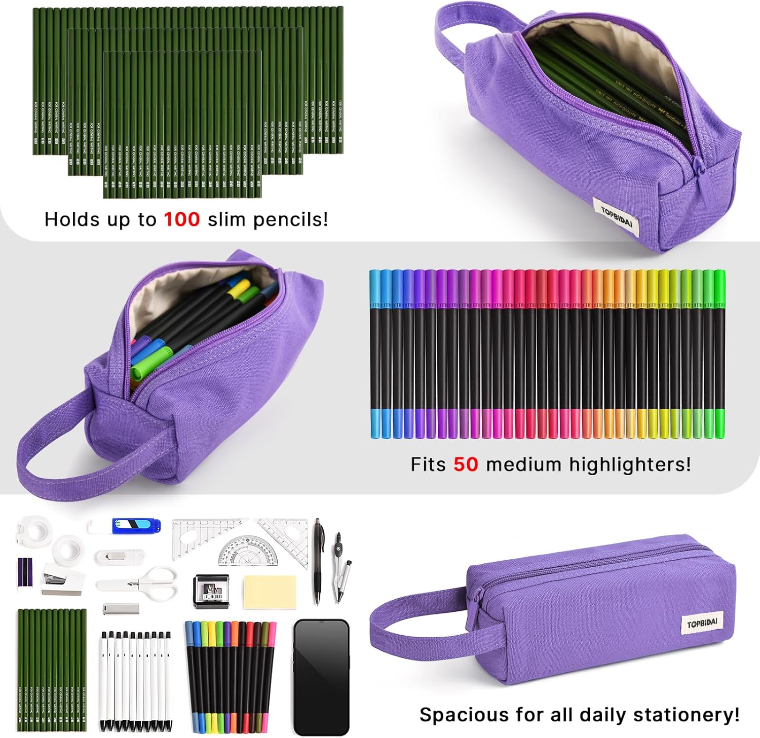 Small Pencil Case Pouch for Girls and Boys Kids, Large Capacity Canvas Pen Bag School Supplies, Portable Pencil Case, Simple Zipper Stationery Bag for Women Men Adults (Purple