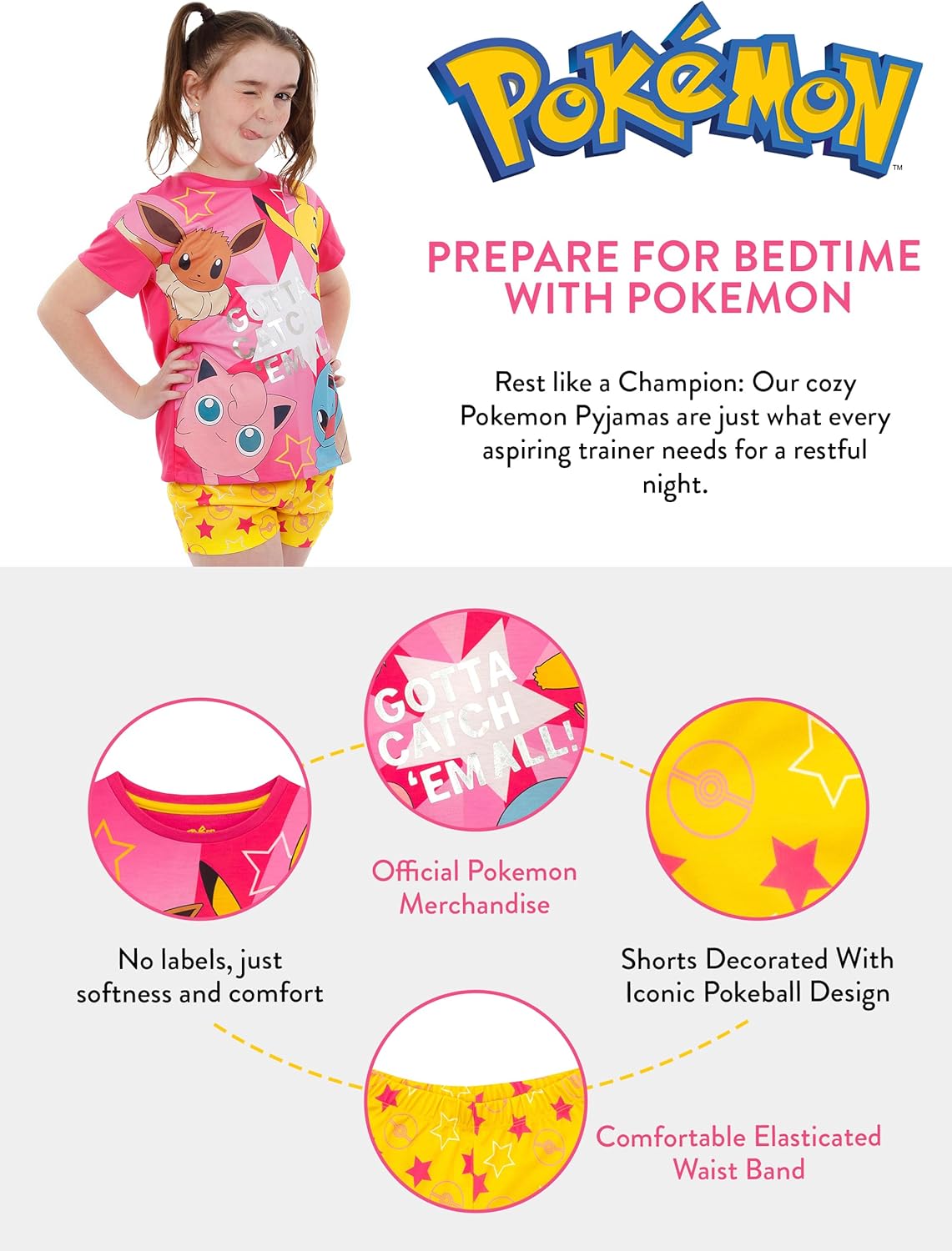 Pokemon Pajamas | Pikachu Pajamas | Eevee Girls Pajama Set | Short Sleeve PJs Set | Sizes 6 To 14