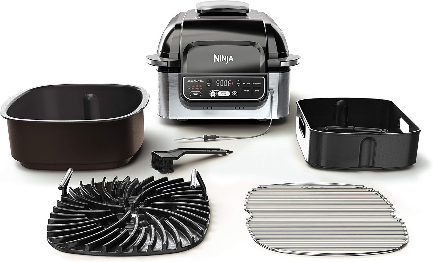 Ninja Foodi Pro 5-in-1 Indoor Integrated Smart Probe, 4-Quart Air Fryer, Roast, Bake, Dehydrate, an Cyclonic Grilling Technology, with 4 Steaks Capacity, in a Stainless Finish