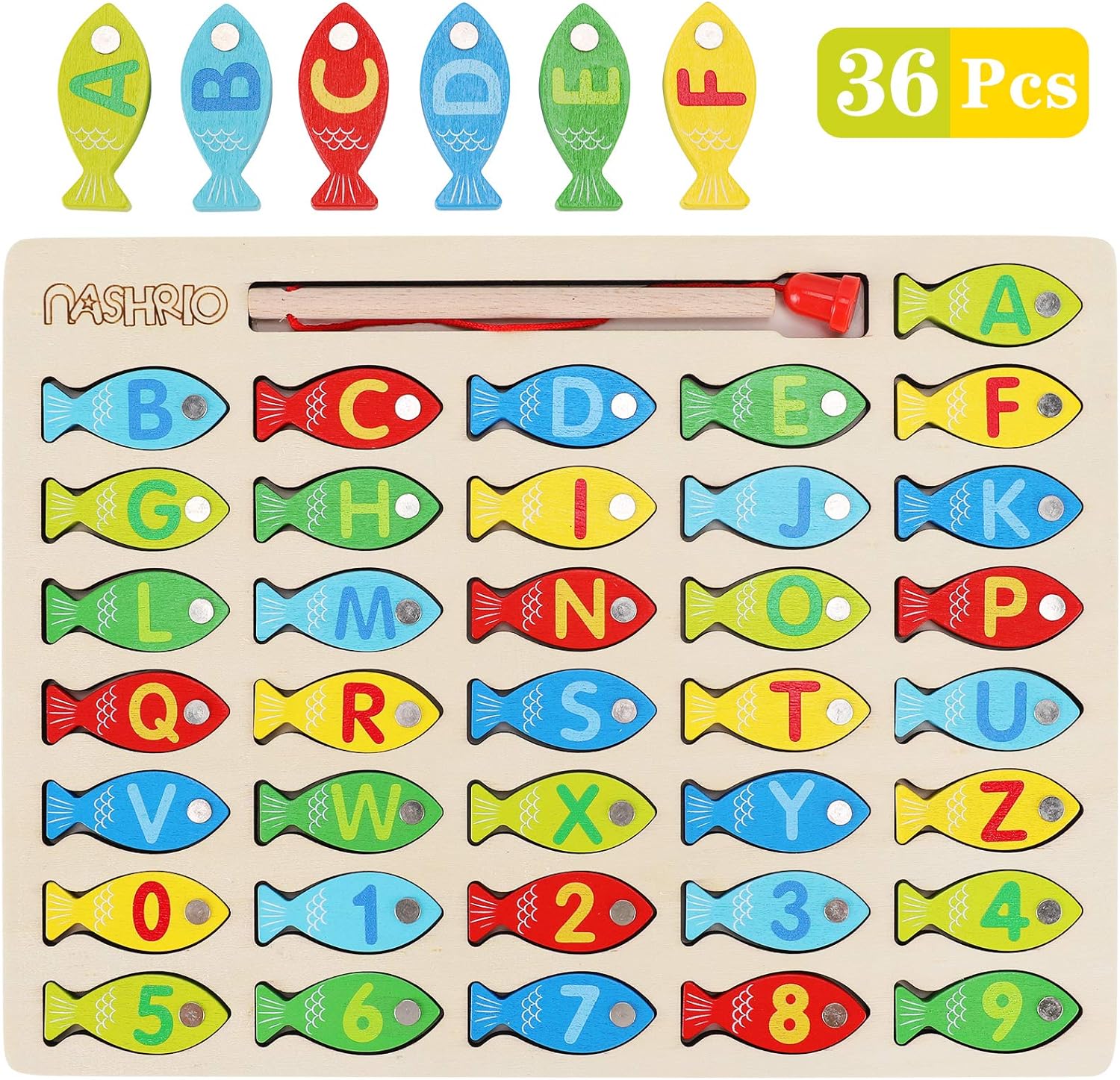 Magnetic Wooden Fishing Game Toy for Toddlers, Alphabet Fish Catching Counting Games Puzzle with Numbers and Letters, Preschool Learning ABC Math Educational Toys 3 4 5 Years Old Girl Boy Kids