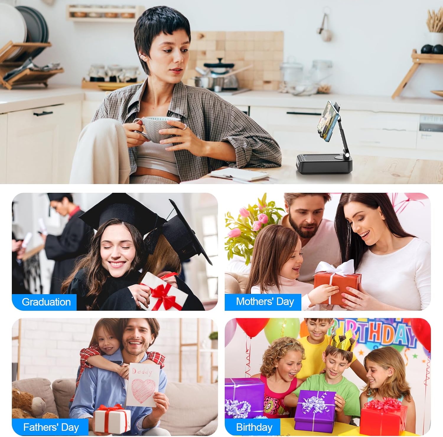 TechGlow Foldable Cellphone Stand with Bluetooth Speaker Charging Function 360° Rotatable Phone Stand Birthday Gifts for Men Women Mother Father Cool Tech Gadgets