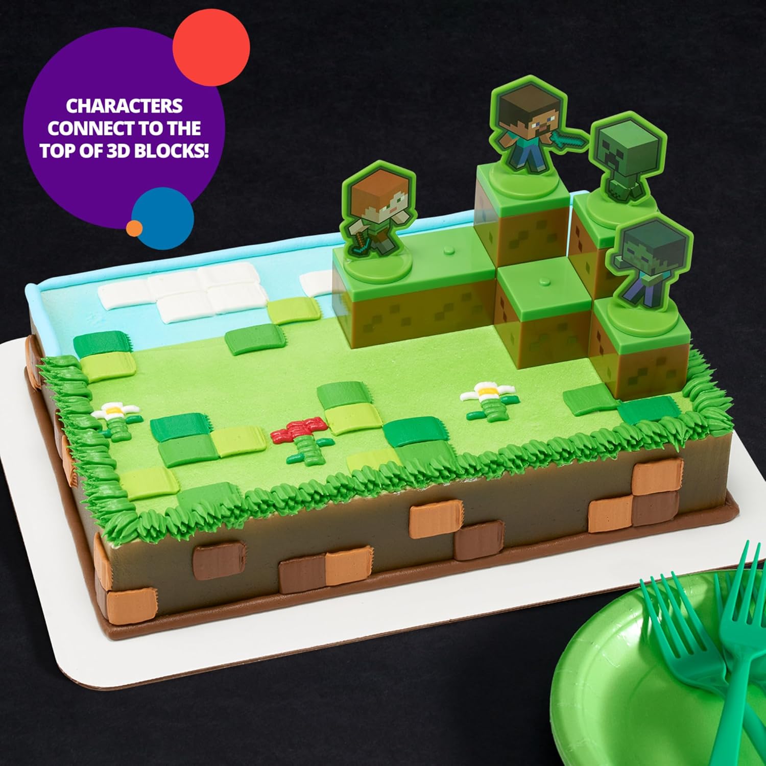 DecoSet® Mobs Beware Minecraft Cake Topper, 6-Piece Stackable Cake Decoration, Interlocking 3D Blocks With Characters, Food Safe Birthday Cake Decoration