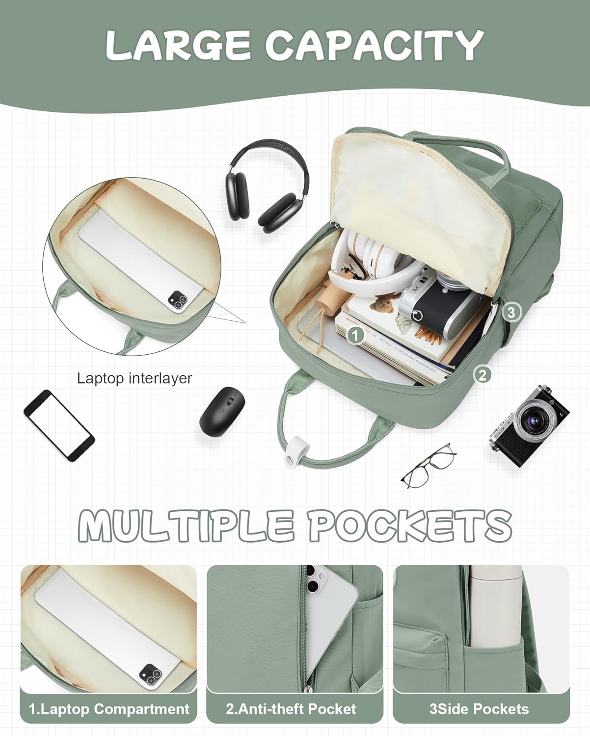 BJLFS Light Green School Backpack for Women Teen Girls, Bookbag College Student Backpack for School Men Boys, Mochilas Escolares Casual Daypack Lightweight Book Bag