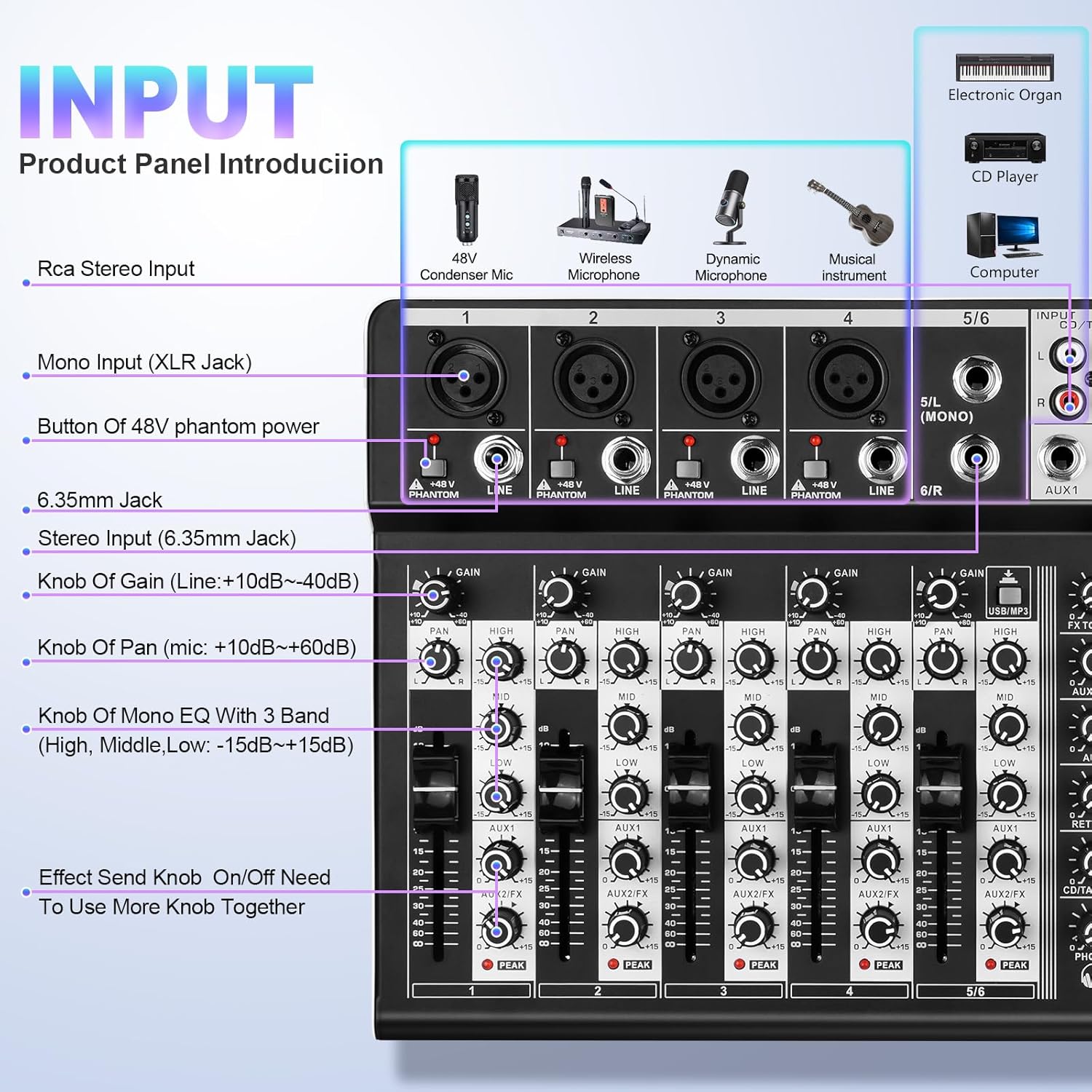 6 Channel Audio Interface Sound Board Mixing Console 16-Bit DSP DJ Mixer Audio Reverb Effect +48V Phantom Bluetooth Studio Audio Mixer For Karaoke Studio Streaming Recording