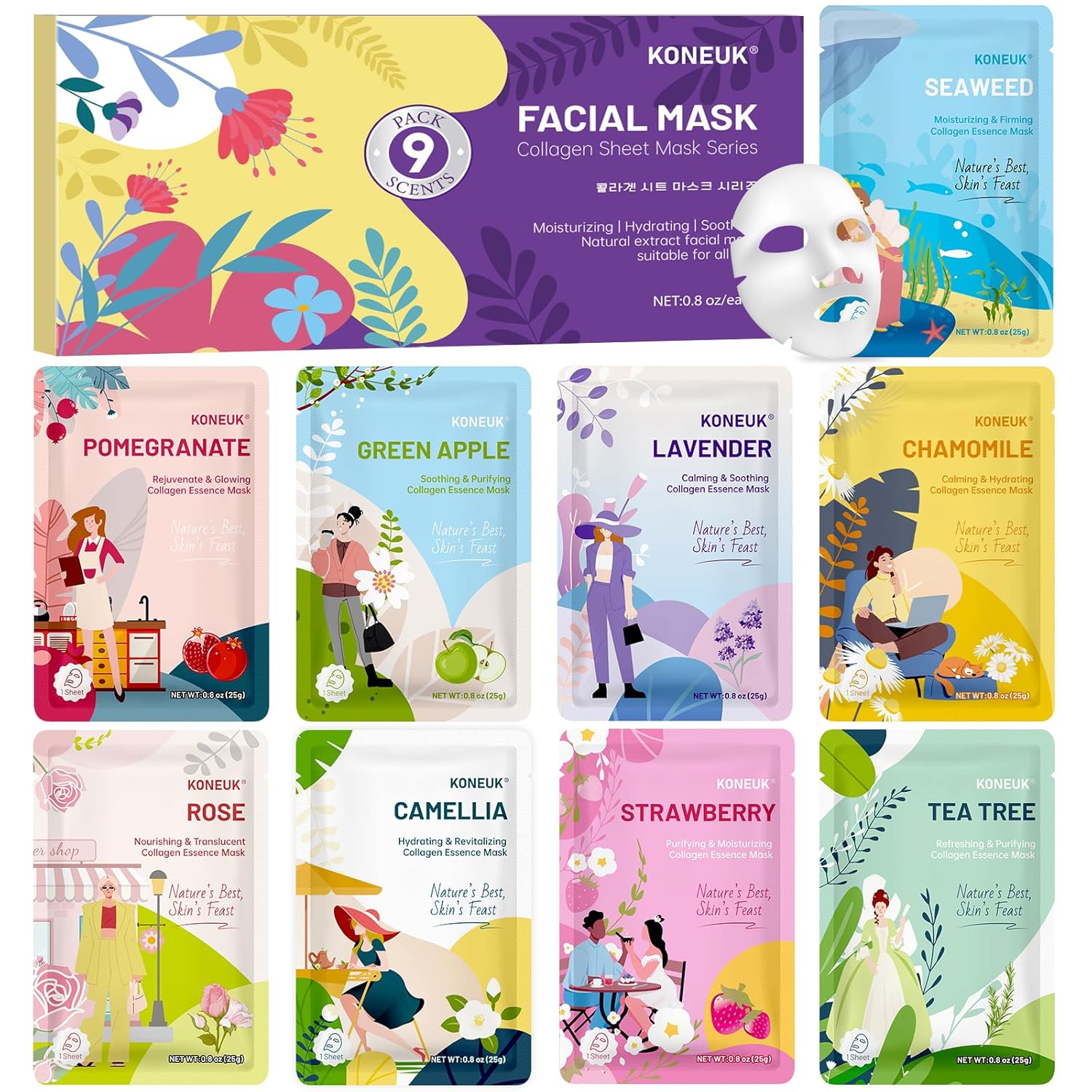 9 Pack Hydrating Face Masks Skincare, Bulk Sheet Face Mask for Dry Skin, Collagen Facial Masks and Spa Gifts for Women Skin Care, Christmas Gifts, Stocking Stuffers for Women