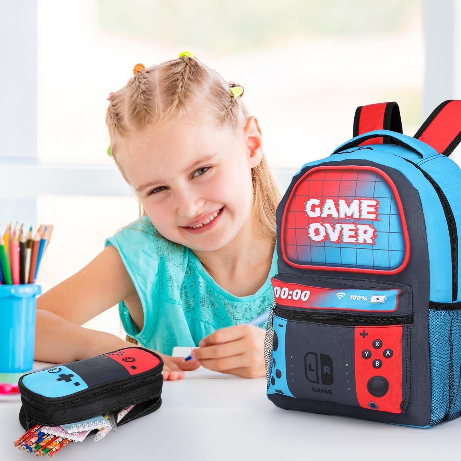 Gaming School Backpack for Boys - 16 Inch Gamer School Backpack With Pencil Case for Kids Children Elementary Middle School, Large Capacity Video Game Schoolbag for Kids School Stationery Supplies