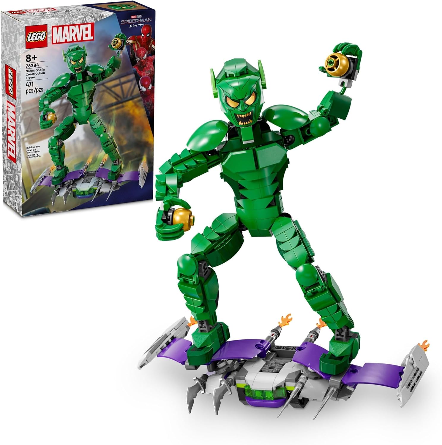 LEGO Marvel Green Goblin Construction Figure - Building Toy for Boys & Girls, Ages 8+ - Marvel Villain Action Figure W/Glider and Pumpkin Bombs - Gift for Fans - 76284
