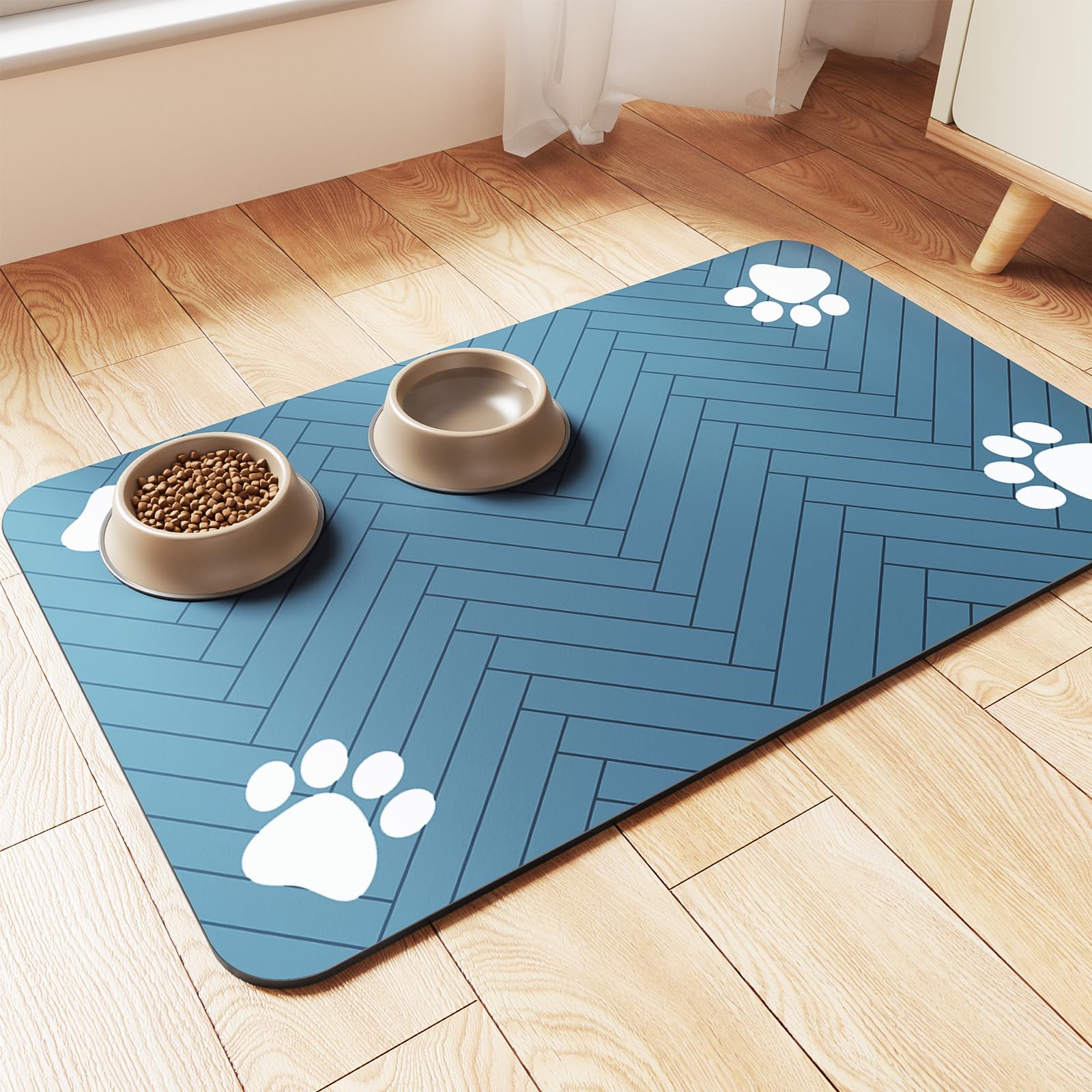 Pet Feeding Mat-Absorbent Pet Placemat for Food and Water Bowl, with Waterproof Rubber Backing, Quick Dry Water Dispenser Mat for Dog and Cat (24"x16", Blue)