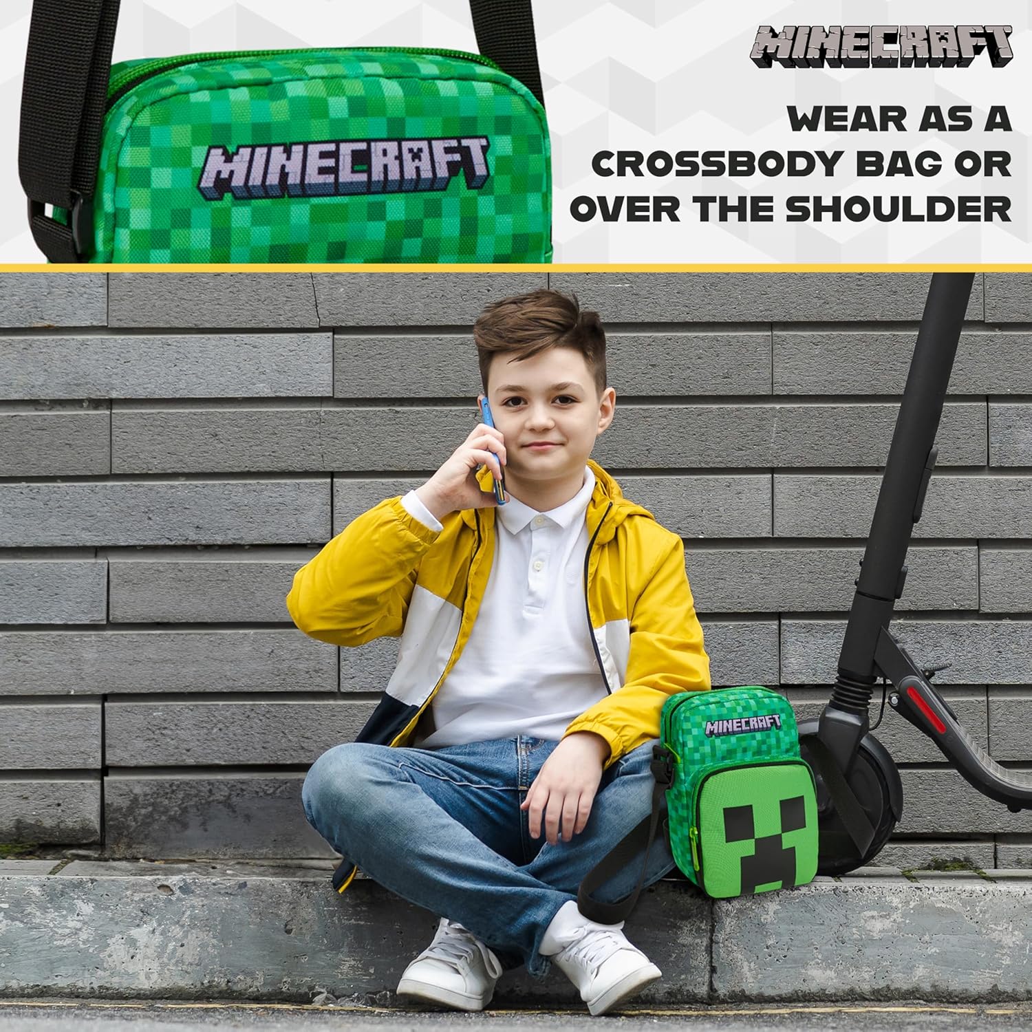 Minecraft Creeper Crossbody Bag for Boys, Phone Pouch or Mini Messenger Set, Shoulder Bag for Travel, School, Gifts for Boys