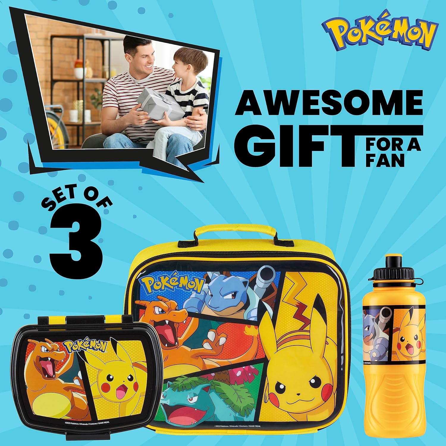 Pokemon Insulated Lunch Bag with Lunch Box Water Bottle Set for Kids 3 Piece School Snack Bag Pikachu Gifts for Kids (Yellow)