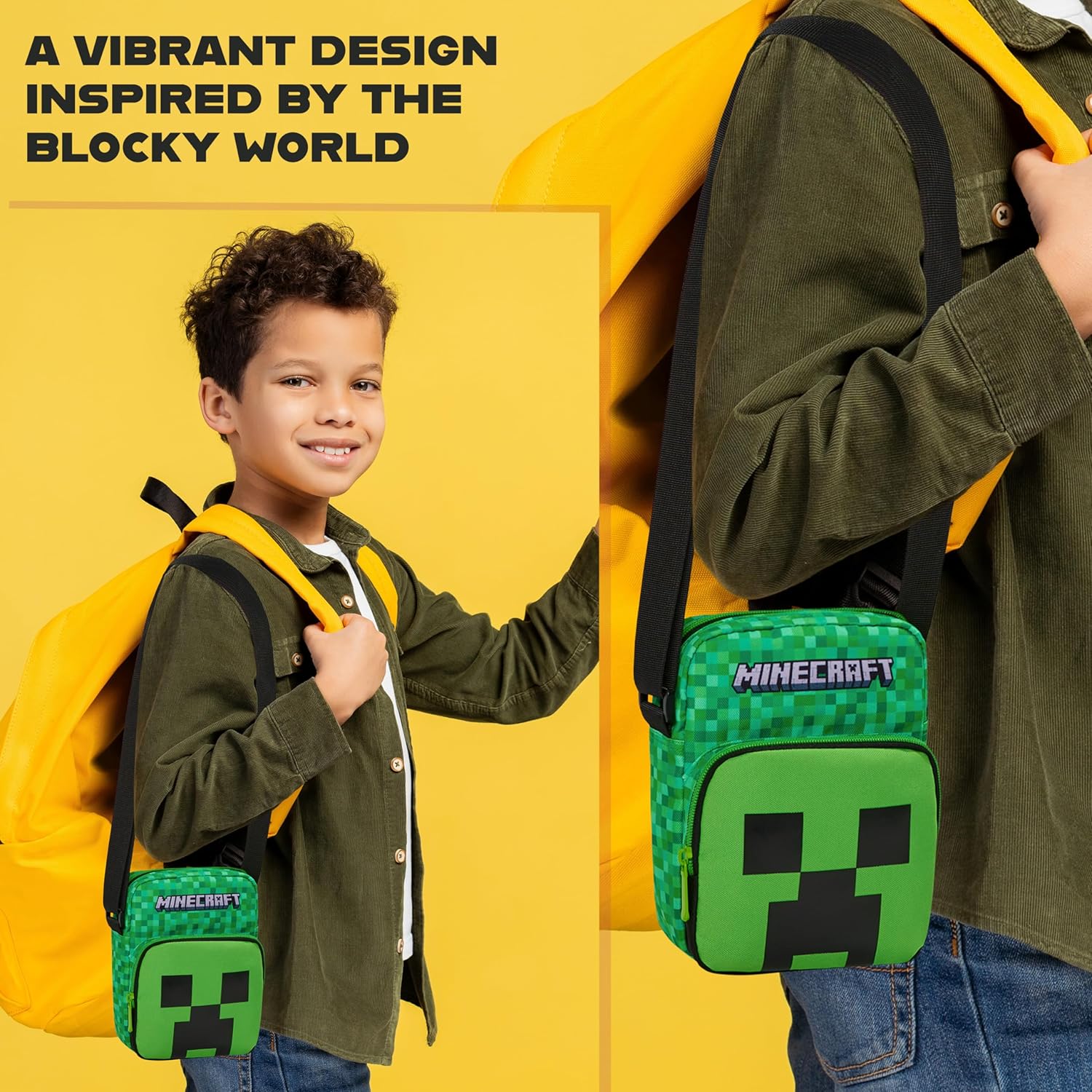 Minecraft Creeper Crossbody Bag for Boys, Phone Pouch or Mini Messenger Set, Shoulder Bag for Travel, School, Gifts for Boys