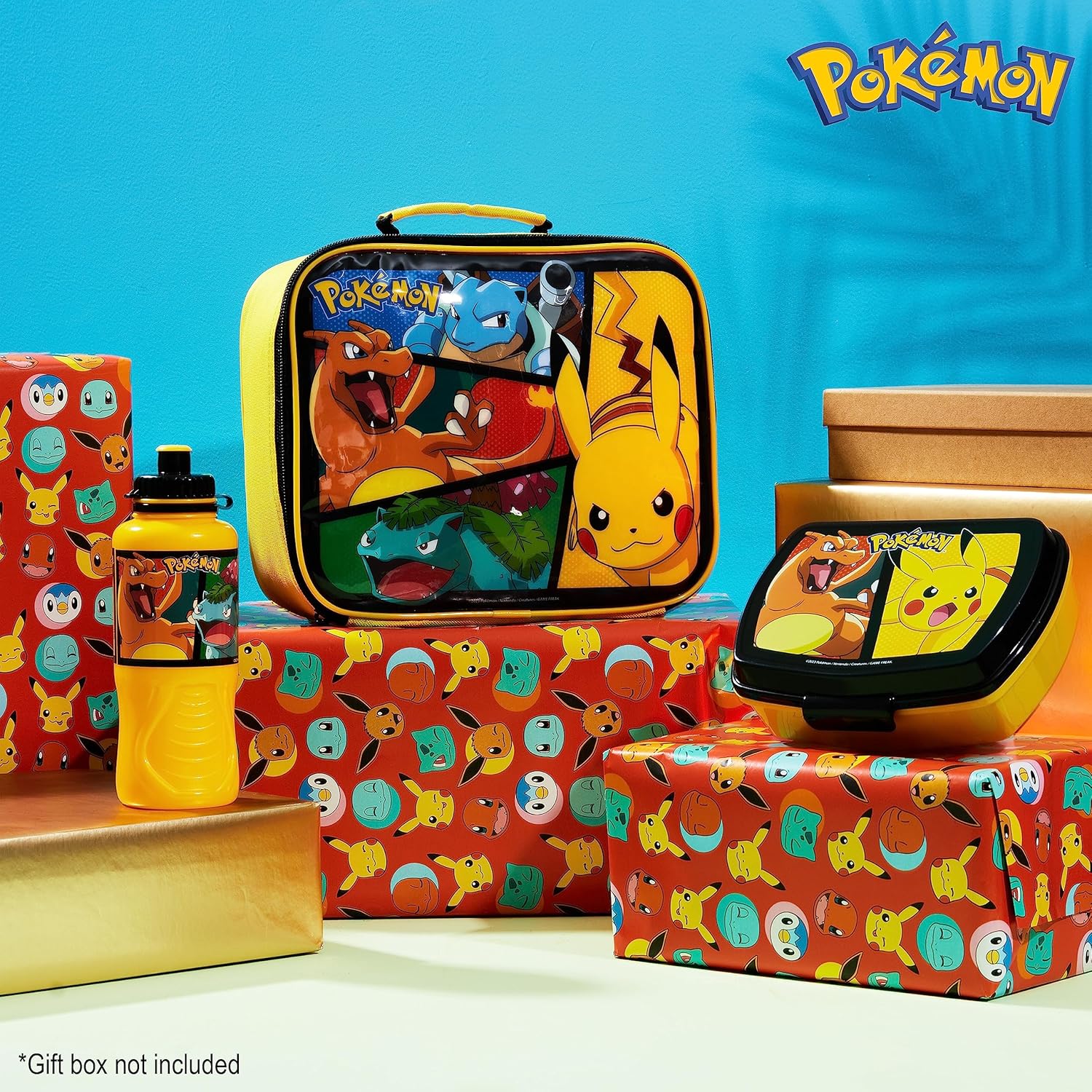 Pokemon Insulated Lunch Bag with Lunch Box Water Bottle Set for Kids 3 Piece School Snack Bag Pikachu Gifts for Kids (Yellow)