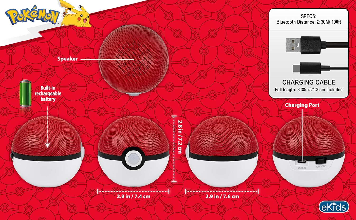 eKids Pokemon Pokeball Bluetooth Speaker, Wireless Speaker with Rechargeable Battery and USB-C Charging Cable
