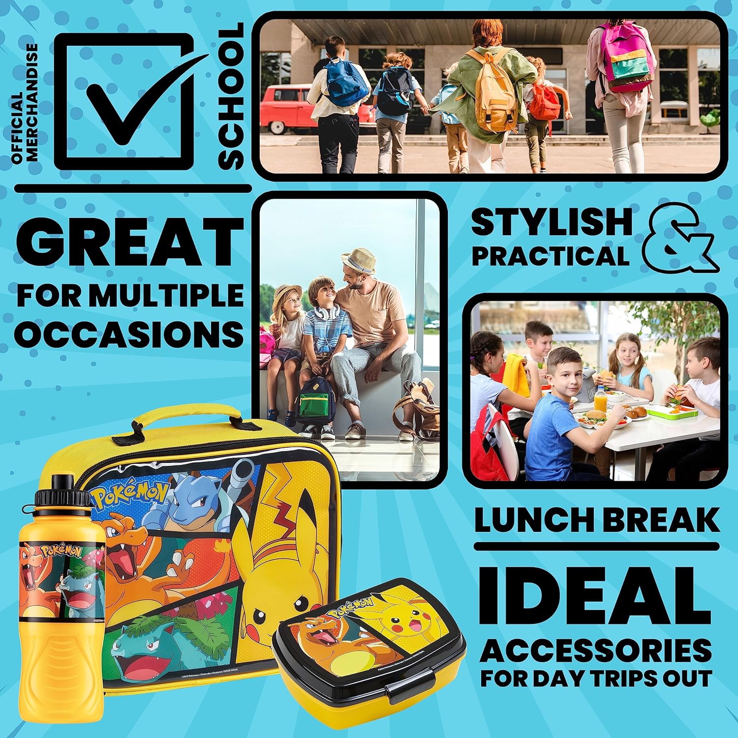 Pokemon Insulated Lunch Bag with Lunch Box Water Bottle Set for Kids 3 Piece School Snack Bag Pikachu Gifts for Kids (Yellow)