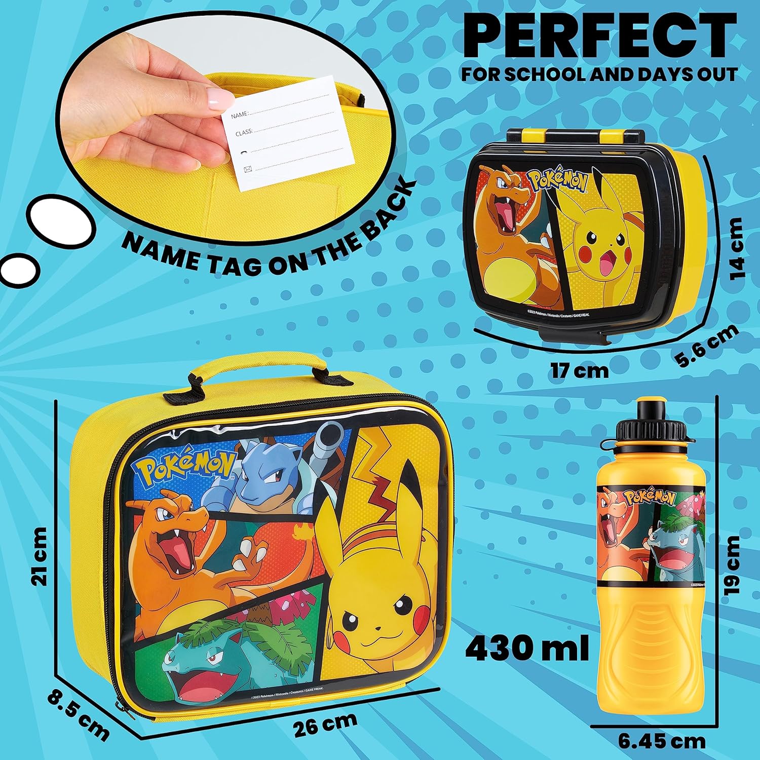 Pokemon Insulated Lunch Bag with Lunch Box Water Bottle Set for Kids 3 Piece School Snack Bag Pikachu Gifts for Kids (Yellow)
