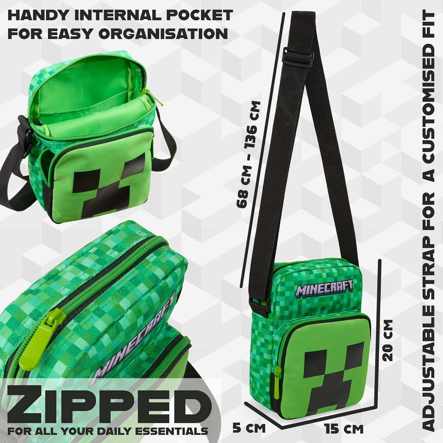 Minecraft Creeper Crossbody Bag for Boys, Phone Pouch or Mini Messenger Set, Shoulder Bag for Travel, School, Gifts for Boys