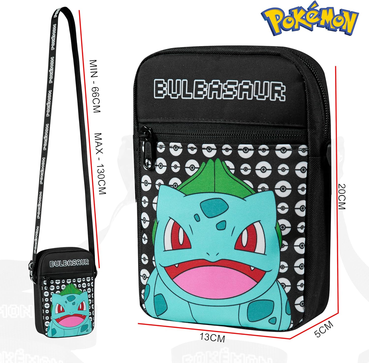 Pokemon Shoulder Bag Cross Body Bag for Kids - Adjustable Strap Kids Pikachu Small Travel Bag - Gamer Gifts (Black Bulbasaur)