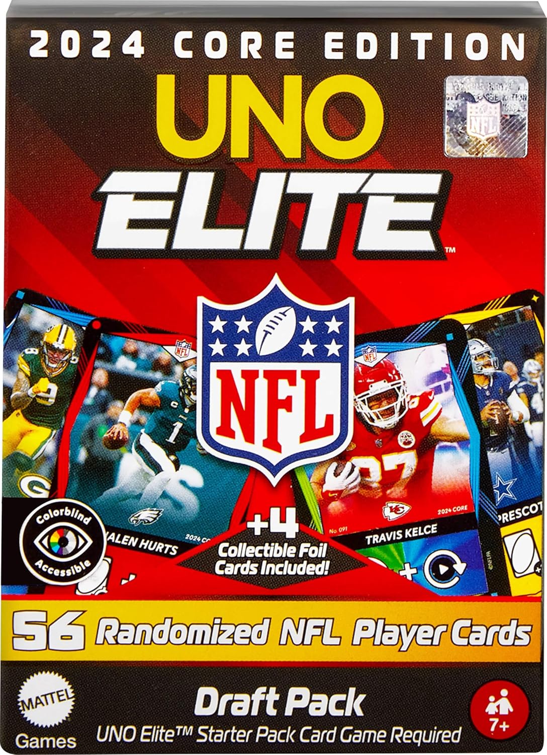 Mattel Games UNO Elite NFL Draft Pack Cards with 4 Surprise Collectible Foil Cards Featuring Team Players (Players May Vary)