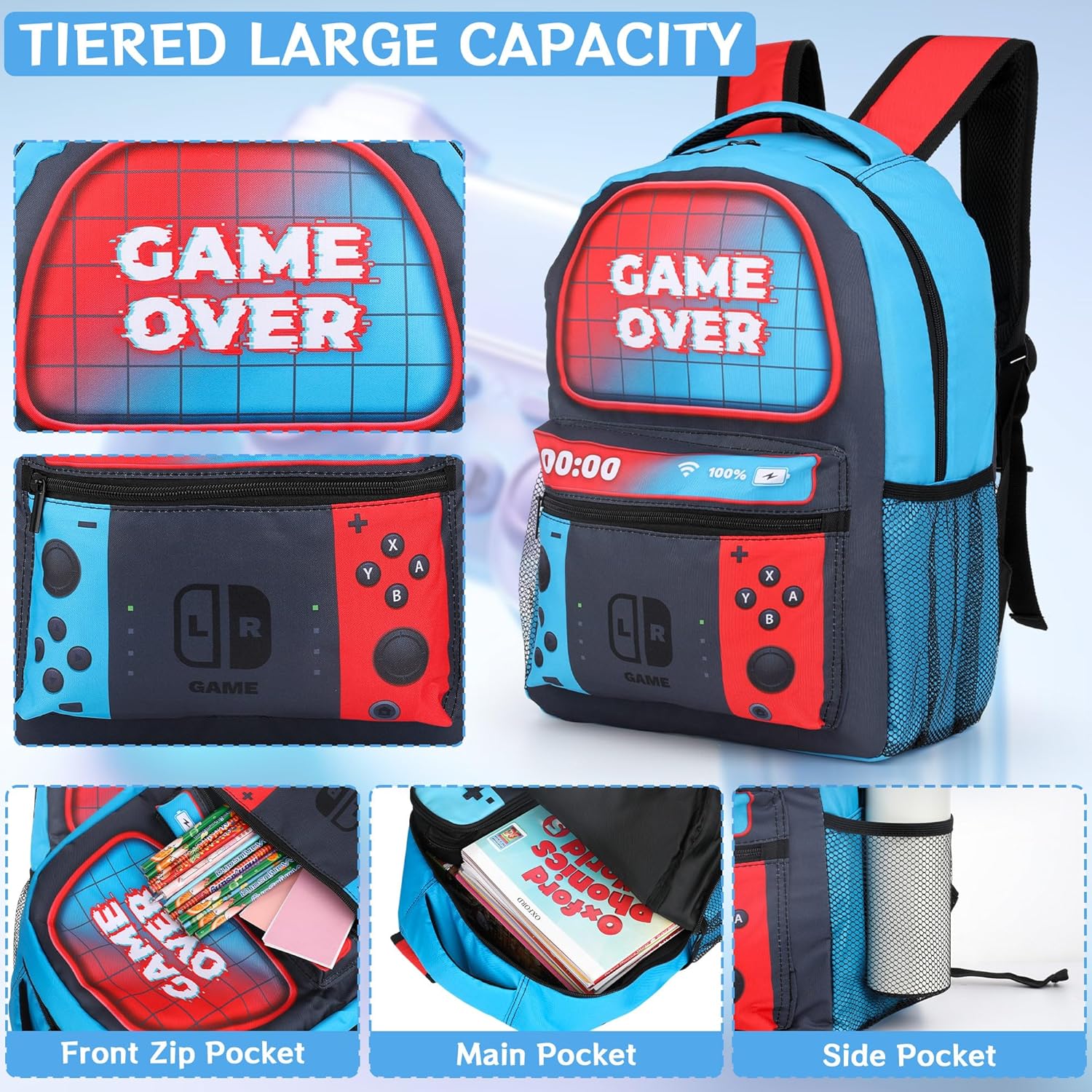 Gaming School Backpack for Boys - 16 Inch Gamer School Backpack With Pencil Case for Kids Children Elementary Middle School, Large Capacity Video Game Schoolbag for Kids School Stationery Supplies