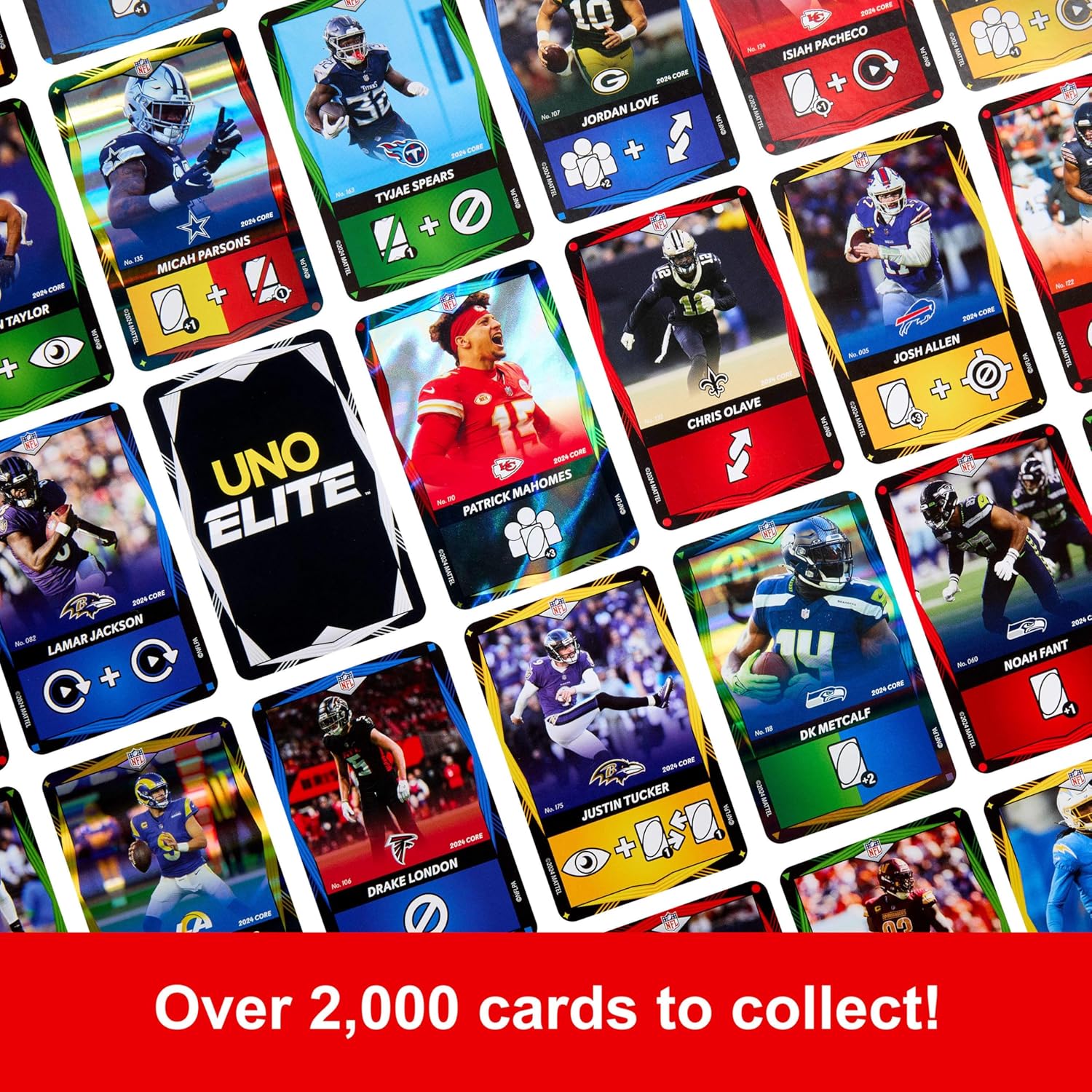 Mattel Games UNO Elite NFL Draft Pack Cards with 4 Surprise Collectible Foil Cards Featuring Team Players (Players May Vary)