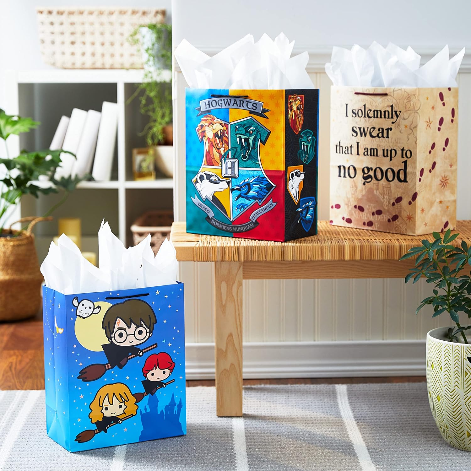 Hallmark 13" Large Harry Potter Gift Bag Bundle (3 Bags: Hogwarts Crest, Marauder's Map, Harry, Ron & Hermione) for Birthdays, Kids Parties, Christmas