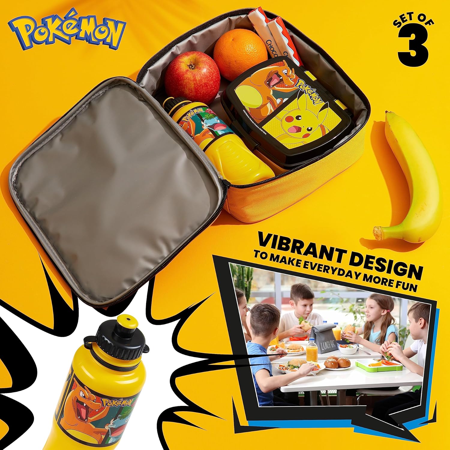 Pokemon Insulated Lunch Bag with Lunch Box Water Bottle Set for Kids 3 Piece School Snack Bag Pikachu Gifts for Kids (Yellow)