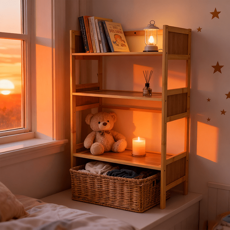 Estantería de bambú con 3 niveles y compartimentos múltiples.